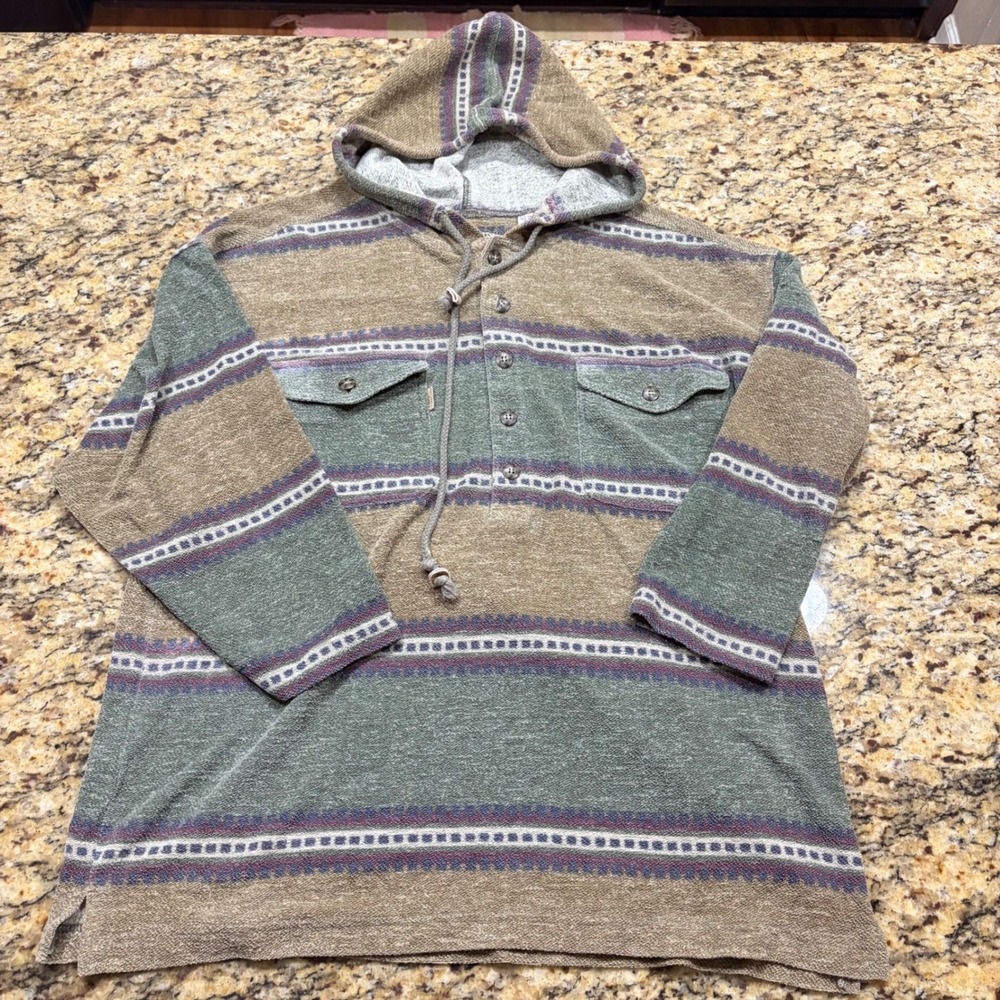 Vintage Bugle Boy Wetlands Outdoor Adventure Hoodie Mens XL Green Striped Henley